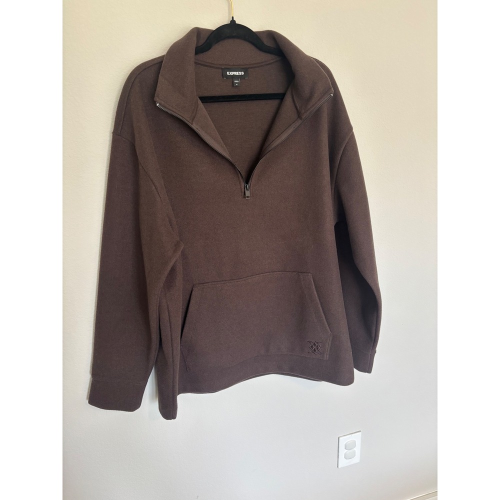 Express Mens Brown Quarter Zip Fleece Pullover Sweatshirt XL Mock Neck Pocket
